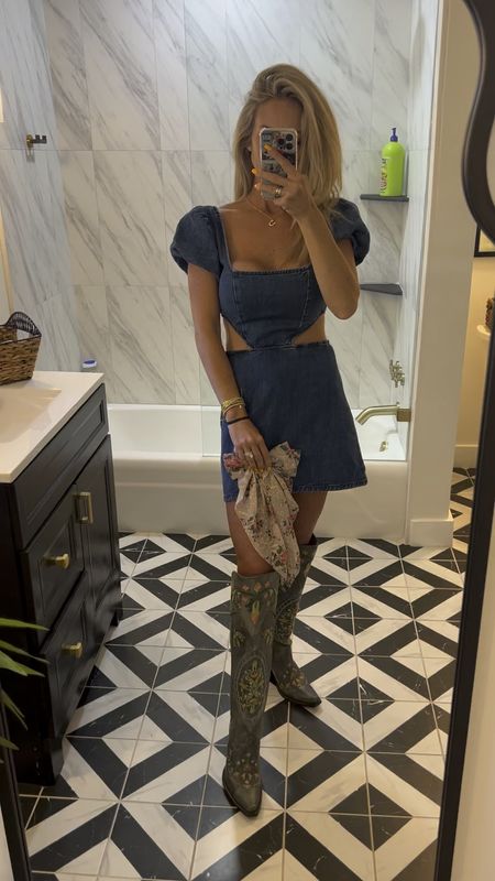 Wearing XS in this denim cut out dress. The back ties up top & is super cute. Loving all the floral details lately. Spring western boots. Floral hair bow. Barrette. Hair clip. 

#LTKshoecrush #LTKbeauty #LTKstyletip