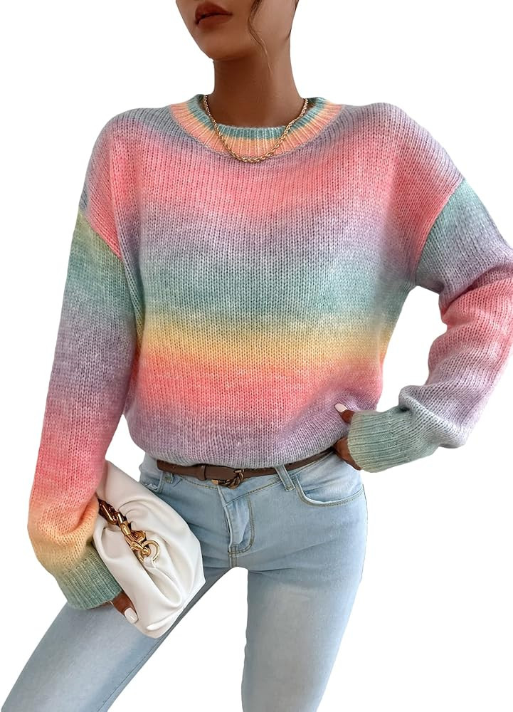 Floerns Women's Drop Shoulder Long Sleeve Crew Neck Sweater Pullover Top | Amazon (US)