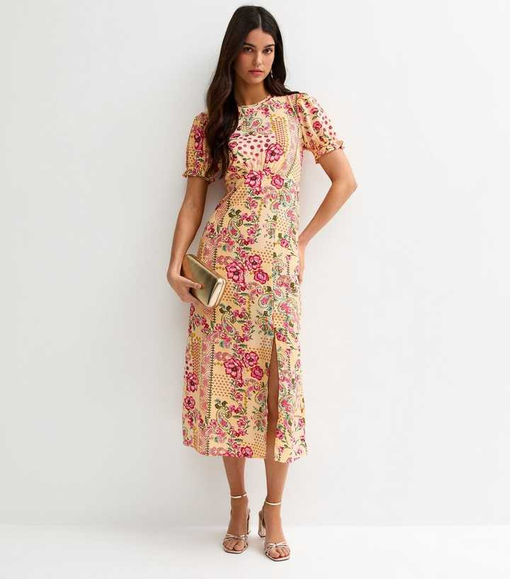 Yellow Floral Short Sleeve Midi Dress | New Look | New Look (UK)