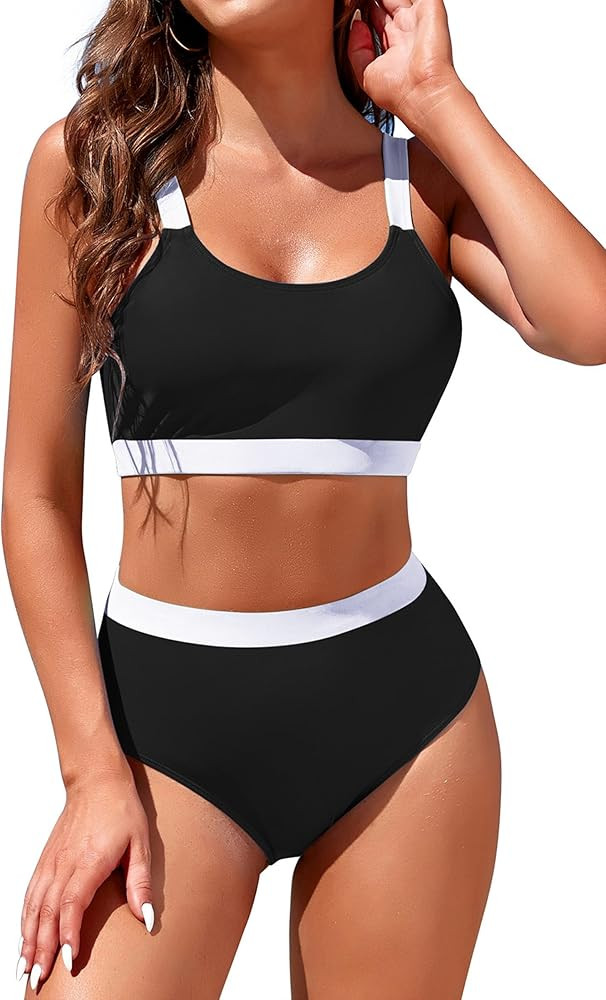 Womens High Waisted Bikini Sets Sporty Crop Top Color Block Swimwear Bandeau Scoop Neck Vintage T... | Amazon (US)