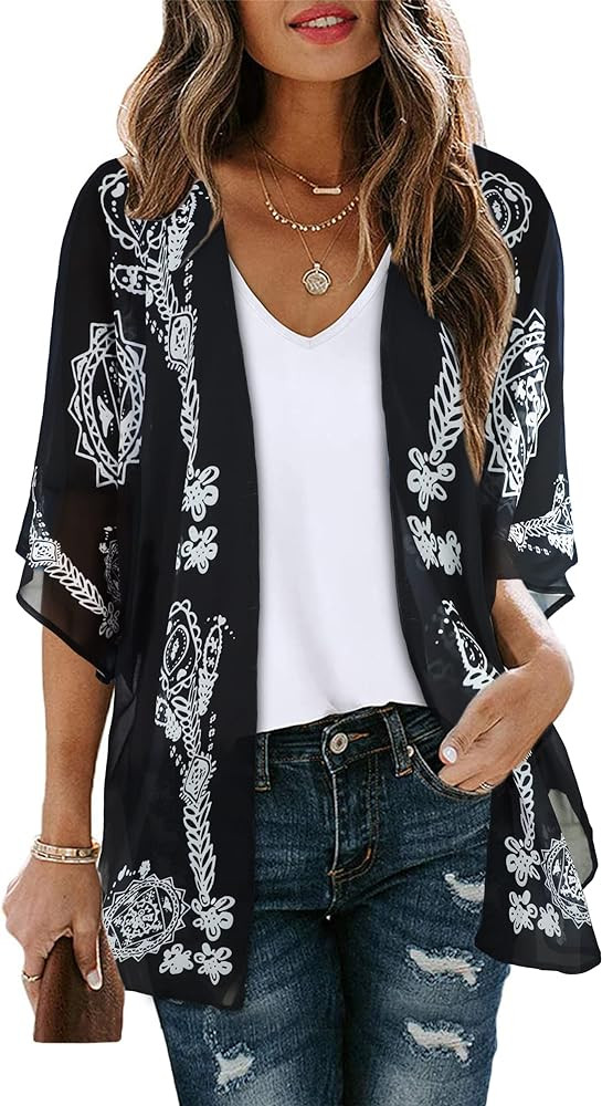 Women's Floral Print Puff Sleeve Kimono Cardigan Loose Cover Up Casual Blouse Tops | Amazon (US)