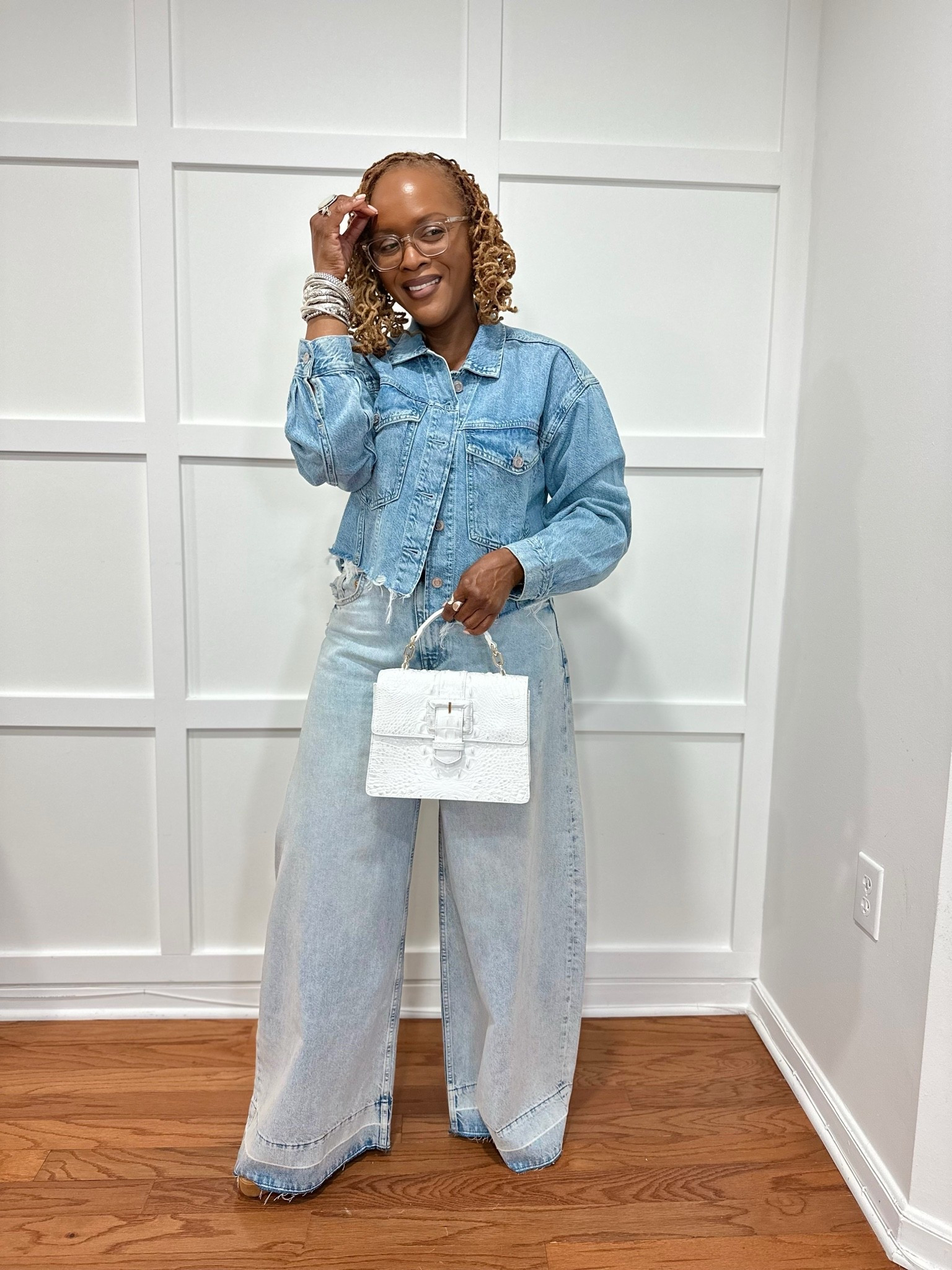Denim on Denim chic and classy look for women over 50 who have errands to run or a brunch date

Wide leg jeans from H&M 
Denim soft crop distressed jacket from the Gap found at @tjmaxx

 Platform suede heels from INEZ use code Nancy15

#LTKWorkwear #LTKmomlife #LTKmorningroutine