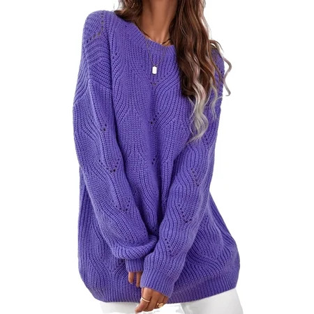 Round Neck Plain Pullovers Purple Long Sleeve Casual Women s Sweaters | Walmart (US)
