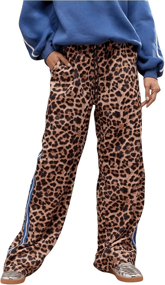 WDIRARA Women's Y2k Leopard Print Pants Elastic Waist Wide Leg Pants Trousers Bottoms | Amazon (US)