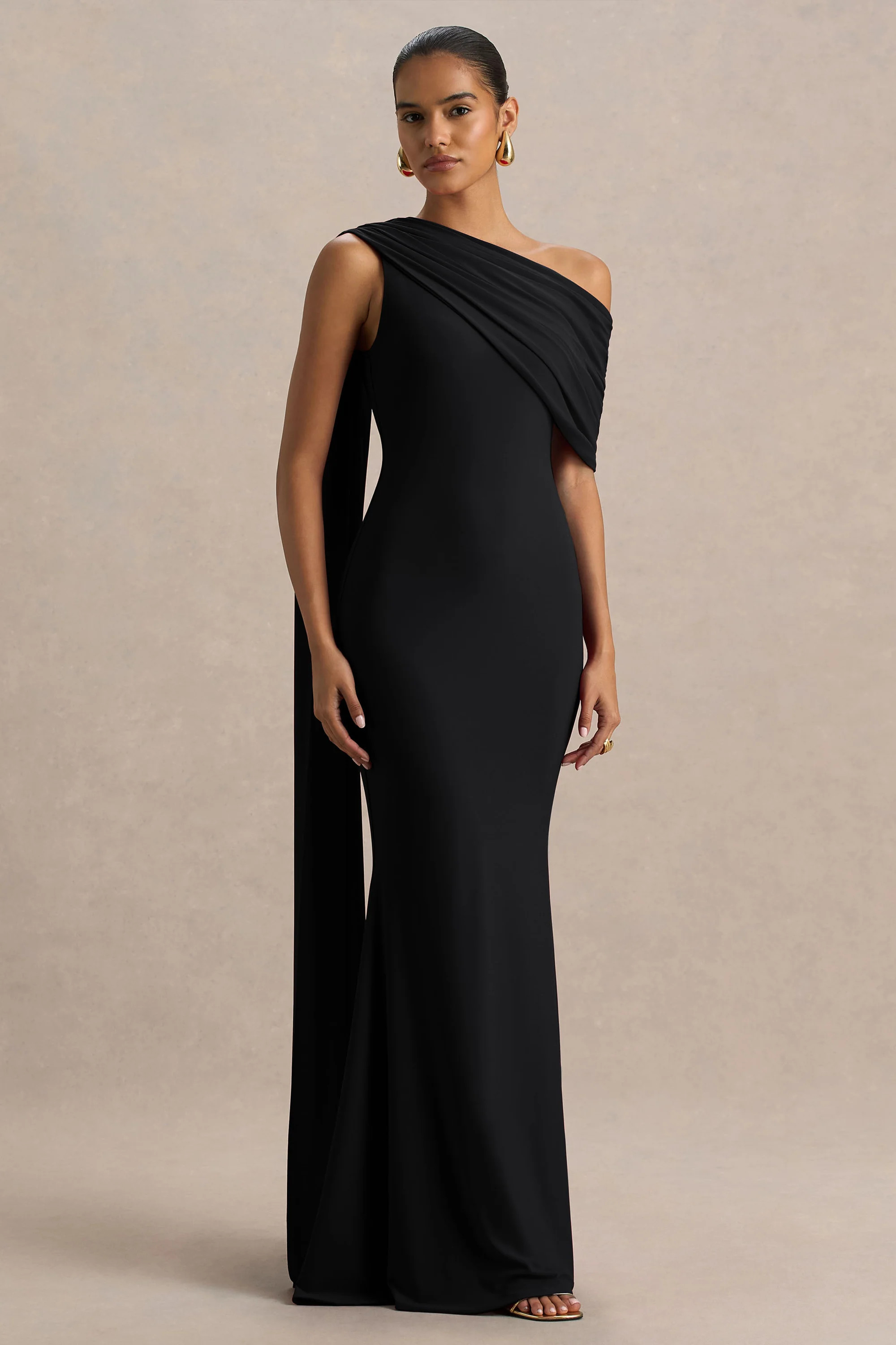 Zendaya | Black Asymmetric-Neck Fishtail Maxi Dress With Sash | Club L London