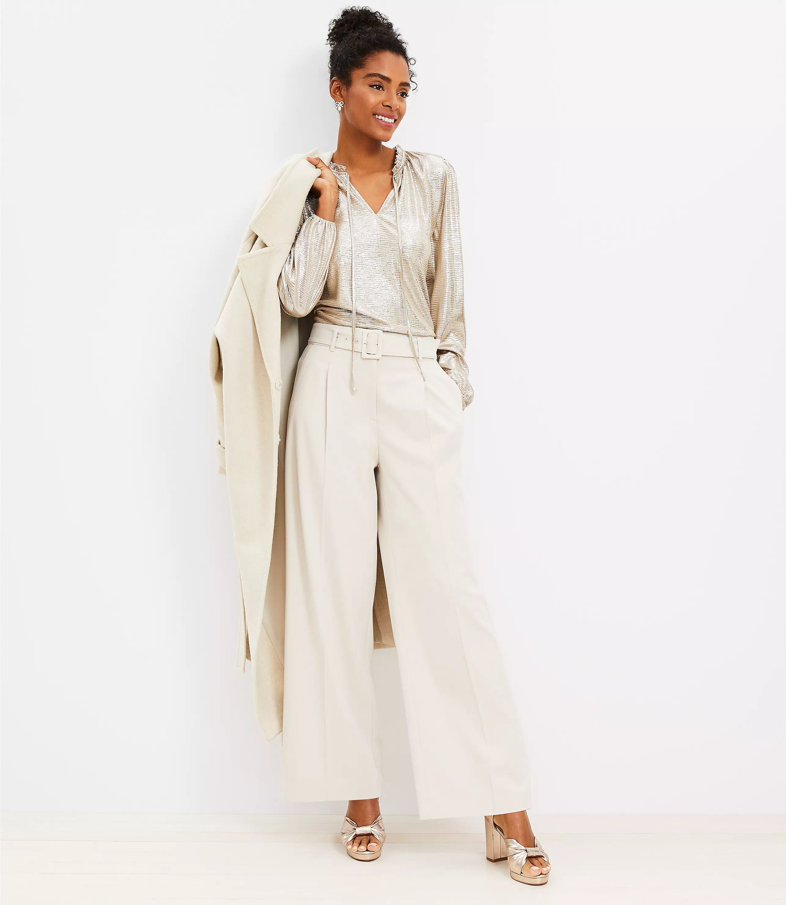 Belted Wide Leg Pants in Heathered Brushed Flannel | LOFT