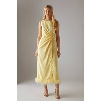 Womens Satin Jacquard Feather Twist Front Cowl Back Midi Dress - Yellow - 12 | boohoo (US & Canada)