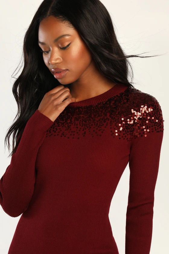 Snow Stopper Burgundy Ribbed Sequin Mini Sweater Dress | Lulus (US)