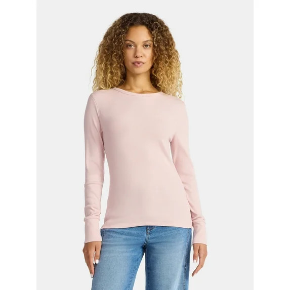 Time and Tru Women's Rib Tee with Long Sleeves, Size XS-XXXL | Walmart (US)