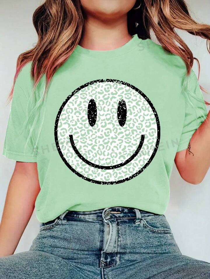 SHEIN LUNE Women Summer Casual Leopard Print Expression Printed Short Sleeve T-Shirt | SHEIN USA | SHEIN