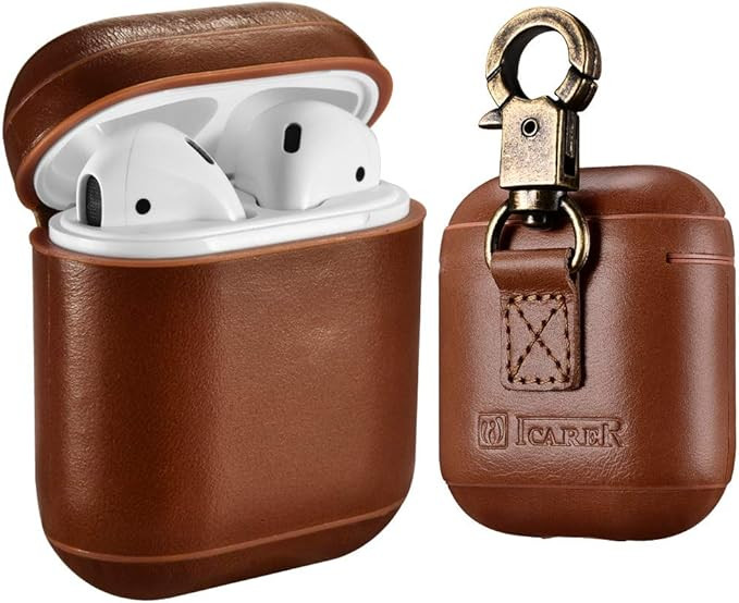 AirPods Leather Case with Strap, ICARER Genuine Leather Portable Protective Shockproof Cover for ... | Amazon (US)