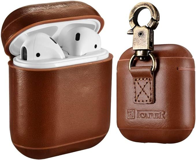 AirPods Leather Case with Strap, ICARER Genuine Leather Portable Protective Shockproof Cover for ... | Amazon (US)