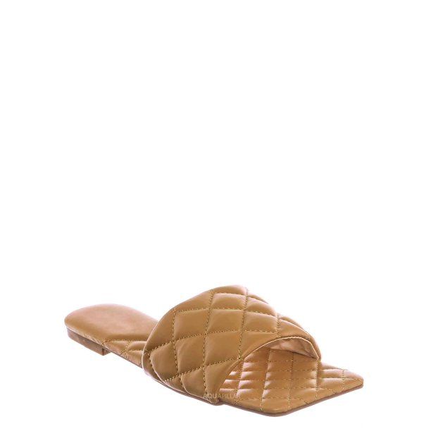 Puffy Quilted Slide Sandal - Womens Open Squared Toe Slipper Flat Shoes | Walmart (US)