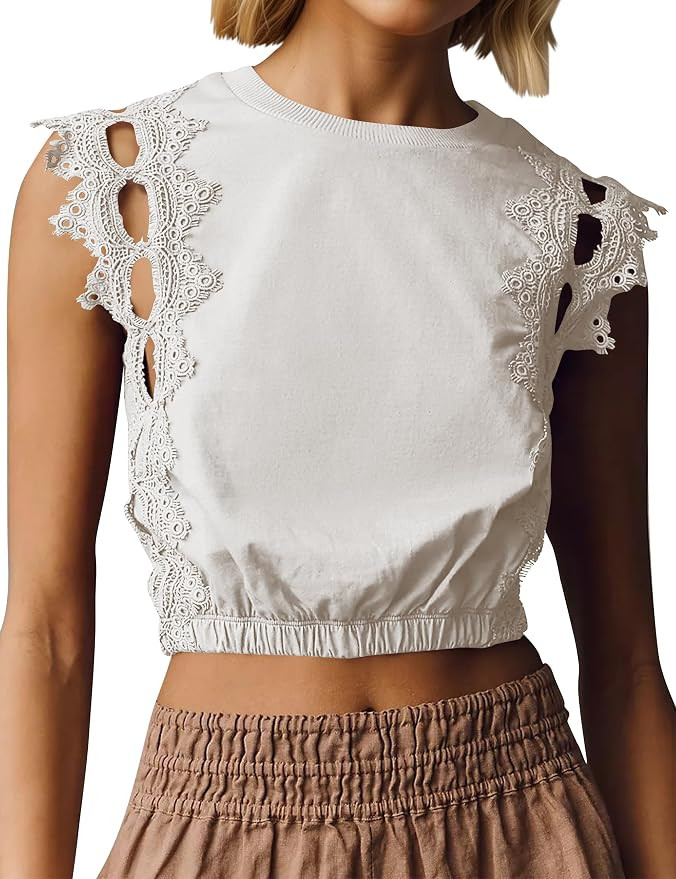 MISSACTIVER Lace Trim Cutout Bubble Hem Tops Embroidered Eyelet Trim Boho Tank Top Hollow Out Ela... | Amazon (US)