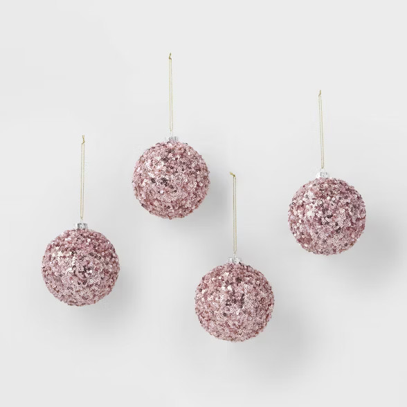 4pk Tinsel Ball Christmas Tree Ornaments Pink - Wondershop™ | Target