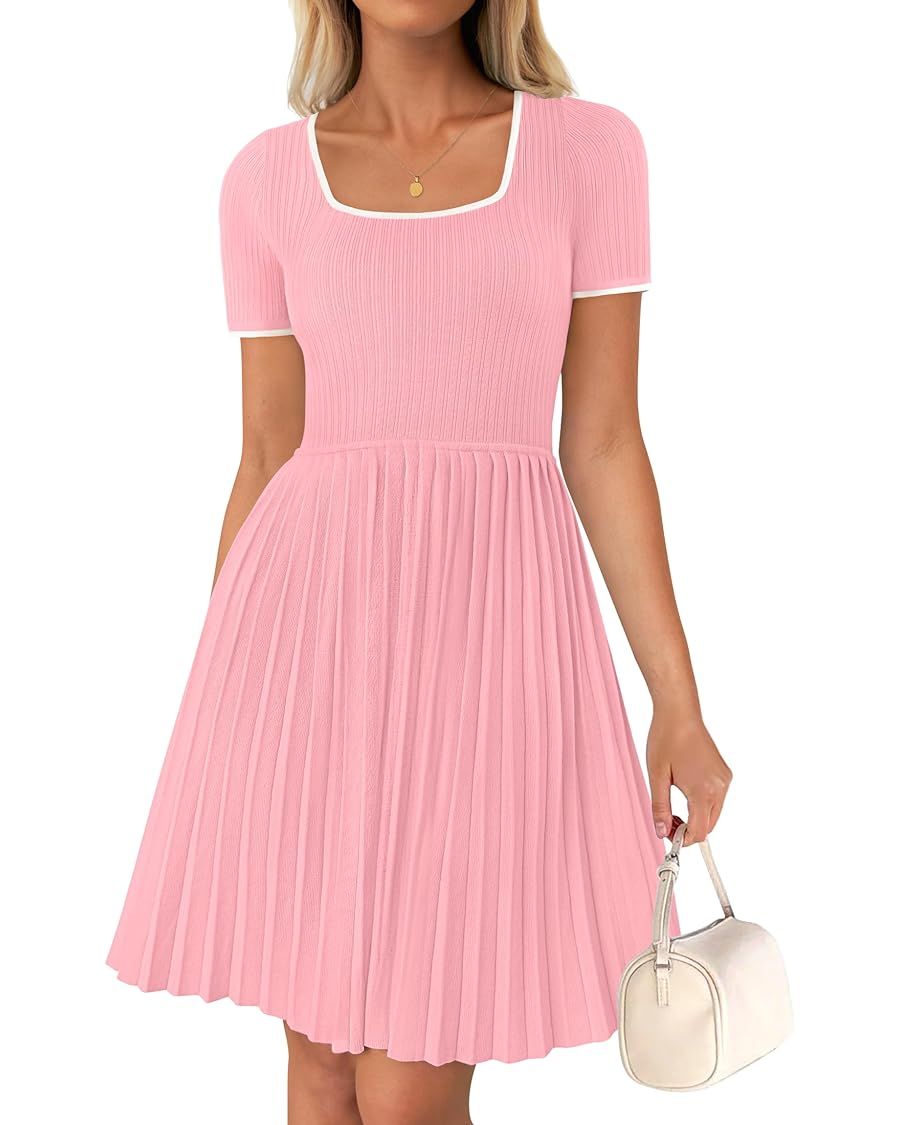 ZESICA Women's Ribbed Square Neck Color Block Pleated Mini Dress Short Sleeve A Line Knit Short D... | Amazon (US)