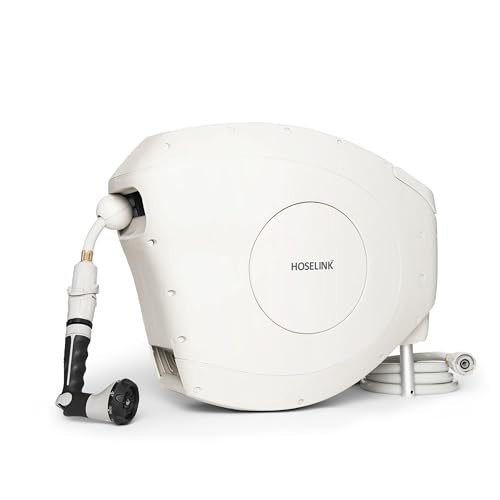 HOSELINK Beige 50ft Hi-Flow Automatic Retractable Garden Hose Reel, 9/16”, 8-Pattern Spray Nozzle, UV-Stabilized Kink-Free Hose, Wall Mounted Complete Watering Solution for Backyard, Garden & Outdoor | Amazon (US)