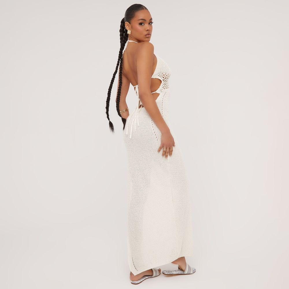 Halterneck Plunge Cut Out Detail Split Side Maxi Dress In Stone Crochet Knit | EGO (UK)