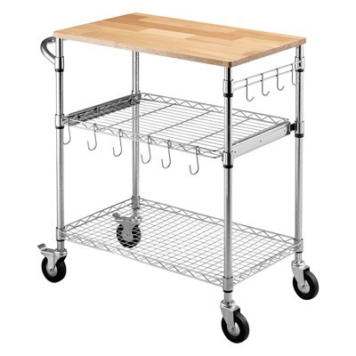 VEVOR Kitchen Utility Cart, 3 Tier Heavy Duty Adjustable Wire Storage Rack with Wood Tabletop and Handle Bar, Silver | Target