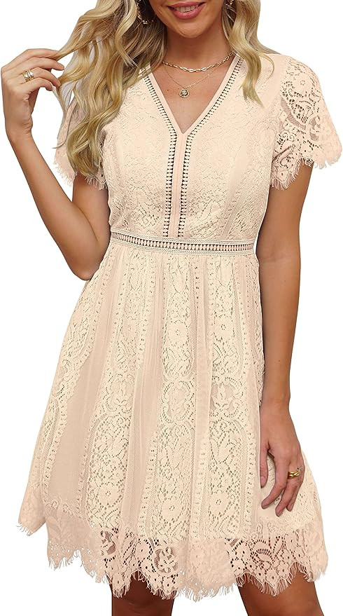 MEROKEETY Women's V Neck Floral Lace Wedding Dress Short Sleeve Cocktail Party Dress | Amazon (US)