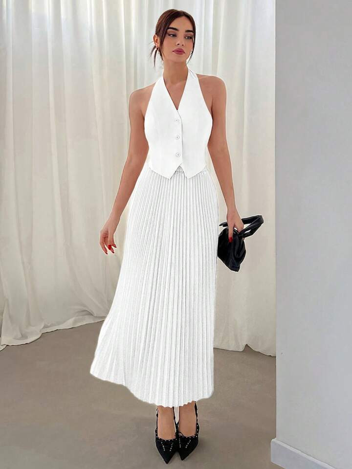 SHEIN Aloruh Women's Halter Top With Single Breasted Design & Pleated Skirt 2pcs Set For Valentin... | SHEIN