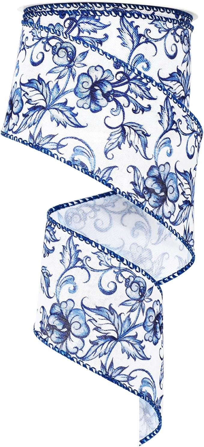 JarThenaAMCS Blue White Floral Wired Edge Ribbon Roll Vintage Watercolor Flower Craft Ribbon Chin... | Amazon (US)