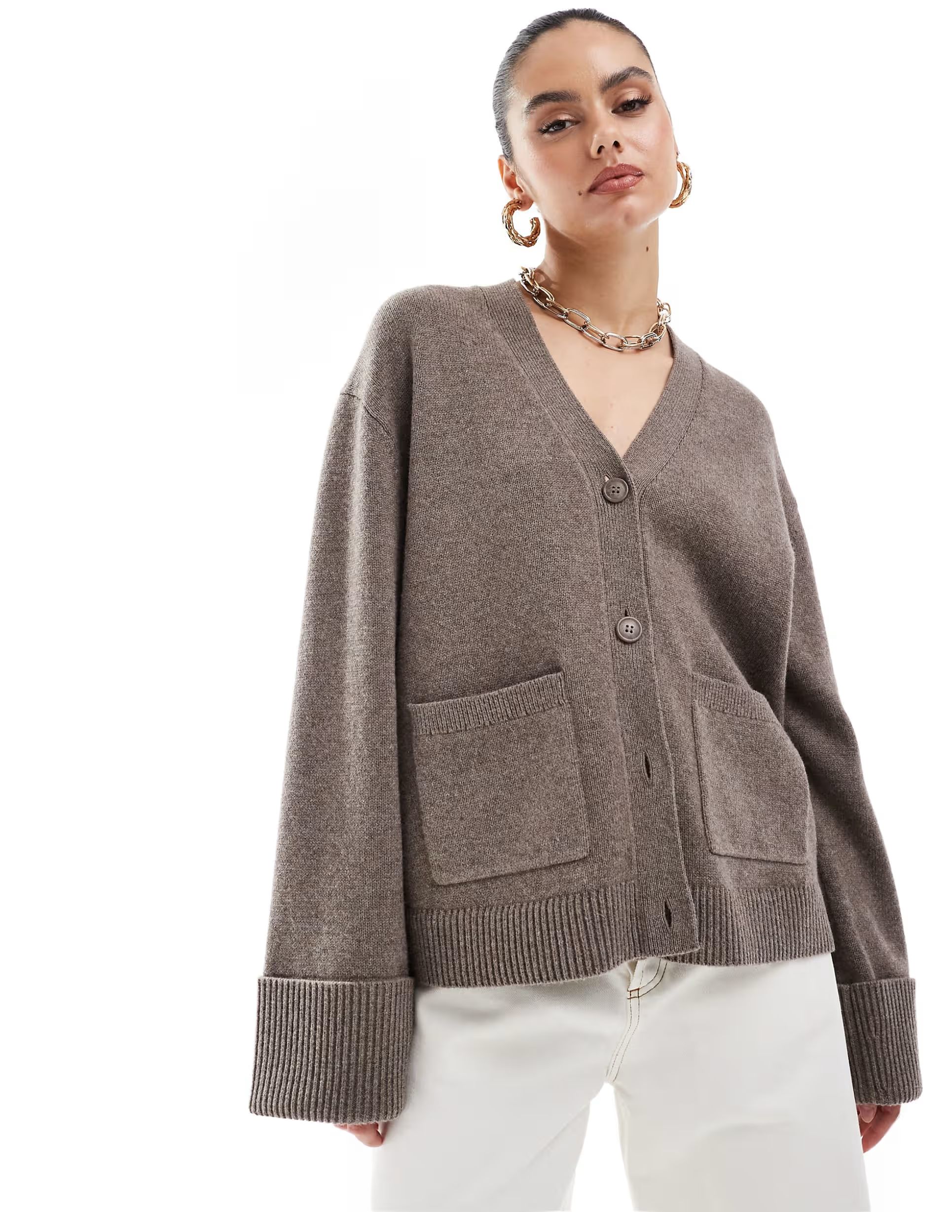 & Other Stories exclusive wool blend cardigan with turned up sleeves in mole brown | ASOS | ASOS (Global)