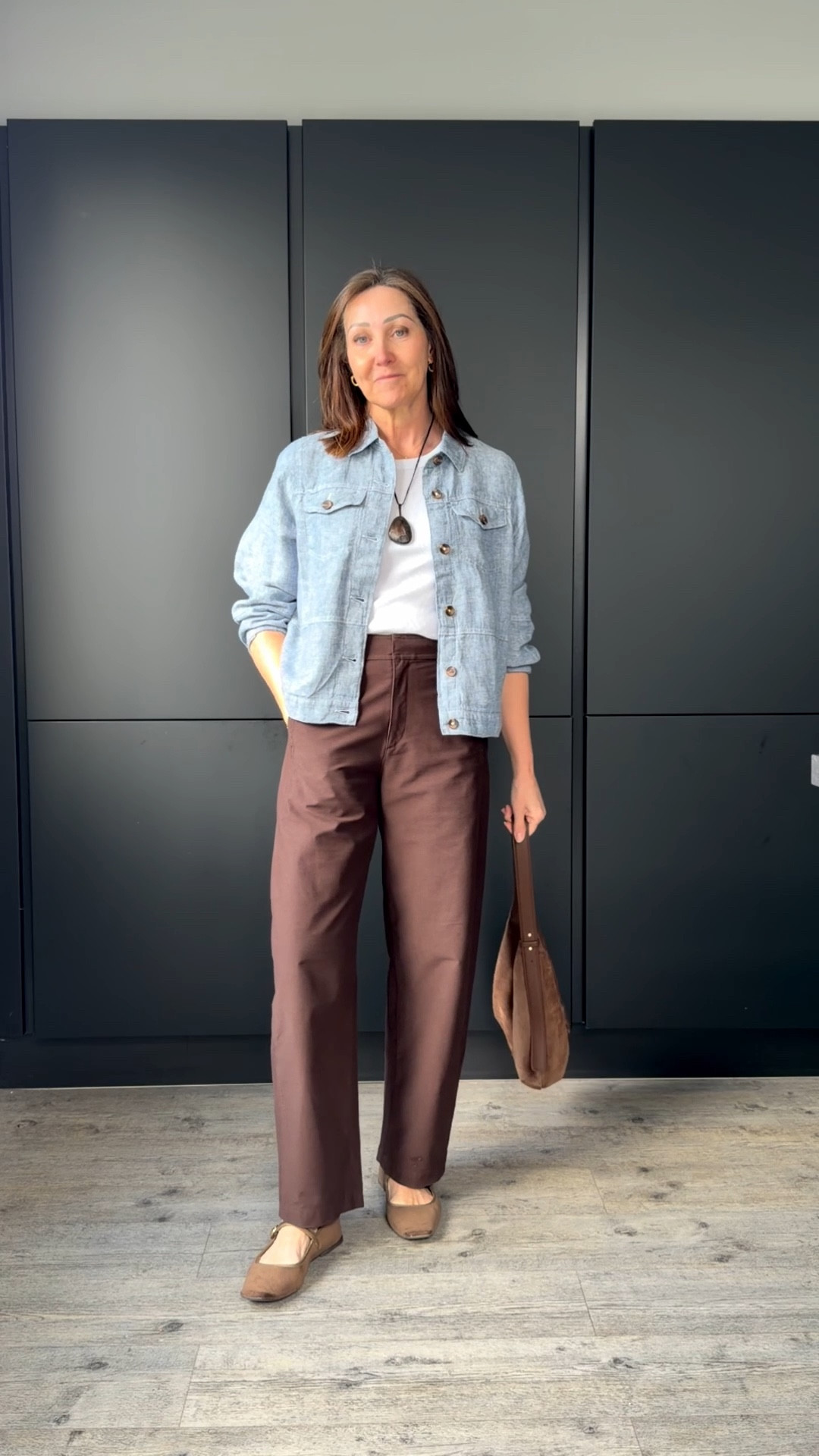 These trousers are the best shape and the protect crop to take you into summer. I wore the beige version of this jacket so much last year I decided to add this beautiful blue chambray version. It goes perfectly with the brown and will definitely be worn on repeat xx
I wear a M trousers and 12 jacket 