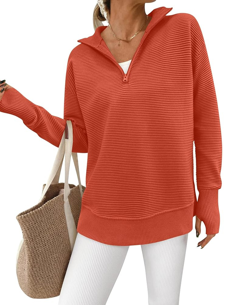 PRETTYGARDEN Womens Long Sleeve Quarter Zip Pullover Sweater Casual Loose V Neck Collared Ribbed ... | Amazon (US)