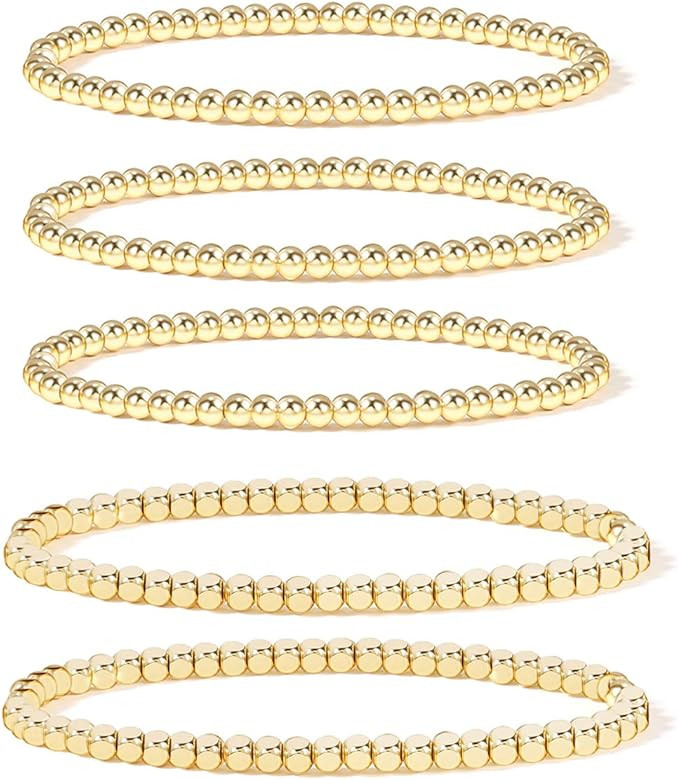 Gold Bead Bracelet for Women,14K Gold Plated Bead Ball Bracelet Stretchable Elastic Bracelet | Amazon (US)