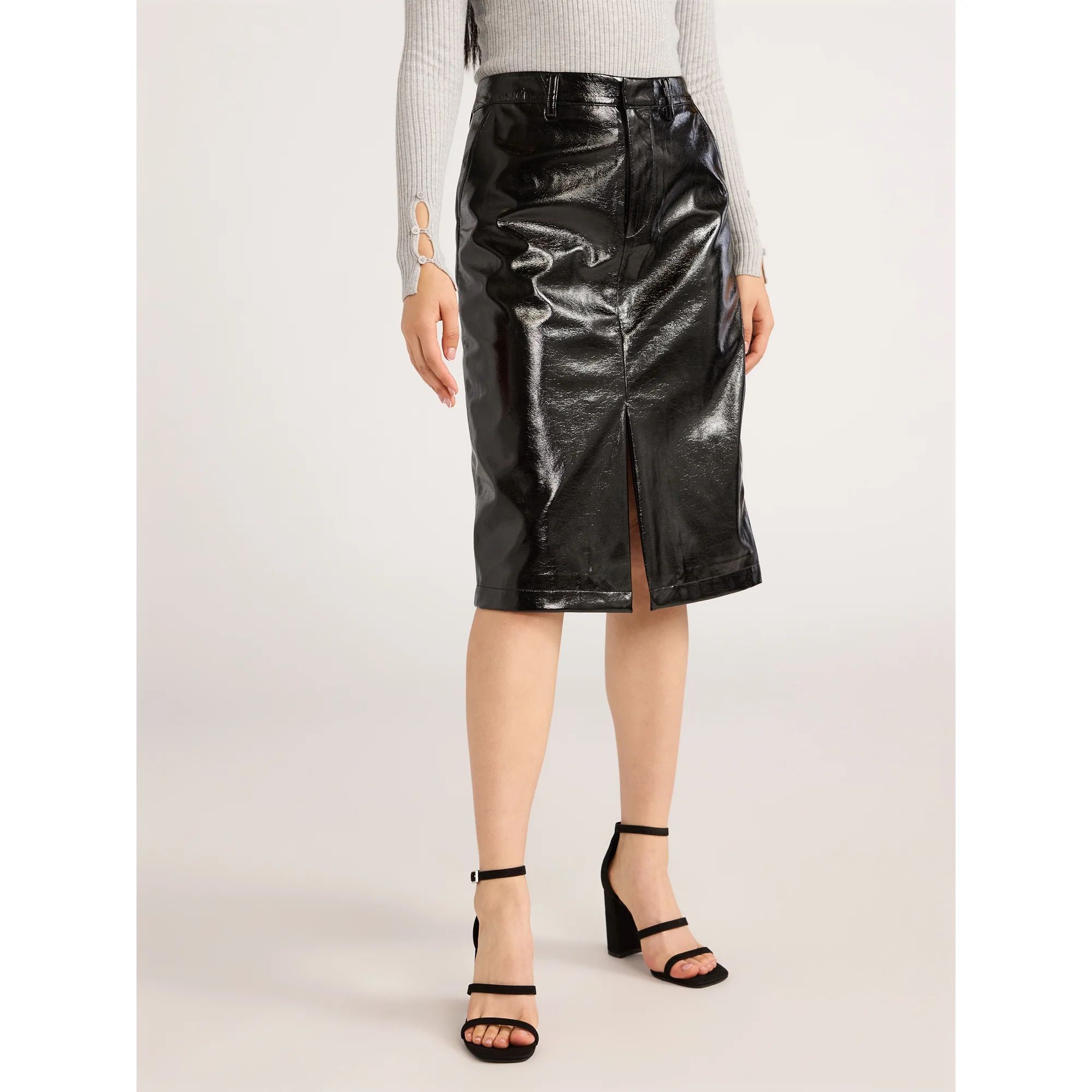 Scoop Women’s Ultimate Faux Patent Leather Front Slit Midi Skirt, Sizes 0-20 | Walmart (US)