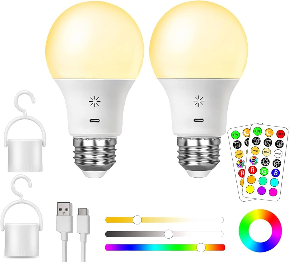 LED Rechargeable Light Bulbs With Remote ＆ Touch Dimmable, E26 Battery Operated Light Bulb for ... | Amazon (US)