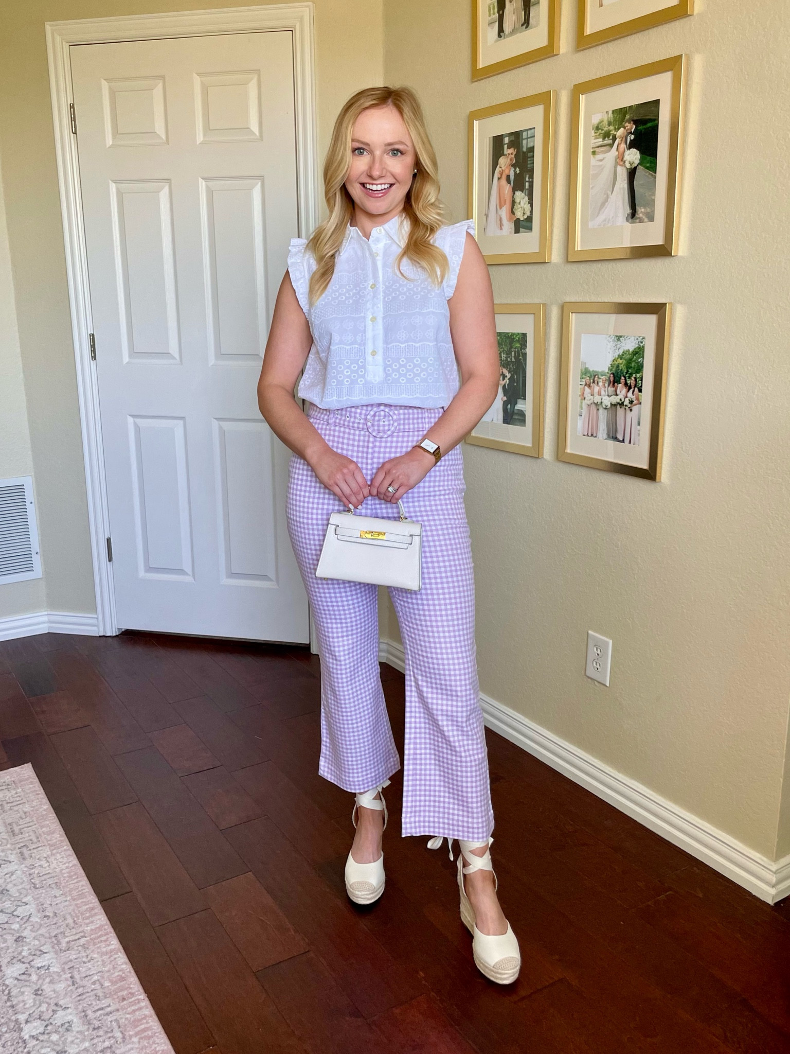 Wearing a 2P in pants and XS in top | spring workwear, work outfit, gingham pants, crop pants, work pants, espadrilles, eyelet top 

#LTKstyletip #LTKSeasonal #LTKworkwear