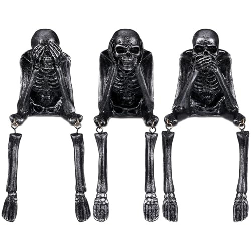 Thyle Set of 3 Halloween Statues See Speak Hear No Evil Skeleton Figurines Realistic Skull Decorations for Home Haunted House Halloween Party Decor Favors Shelf Accessories (Old Black) | Amazon (US)