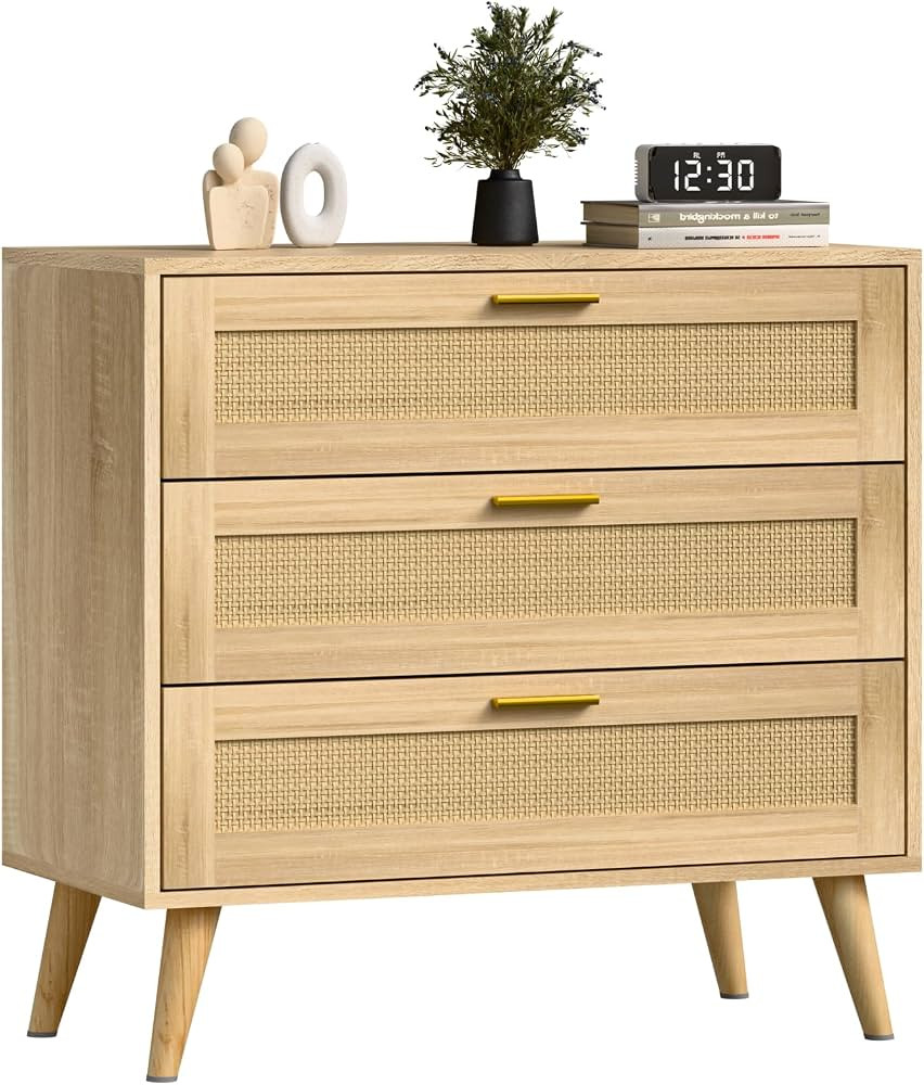 3 Drawer Dresser for Bedroom, Wooden Rattan Dresser, Boho Dresser Modern Storage Chest with Golde... | Amazon (US)