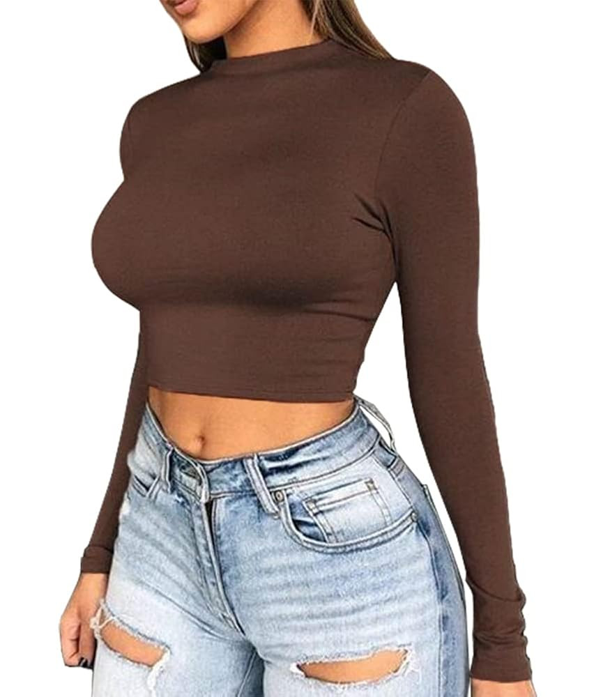 Artfish Women Long Sleeve Stretchy Crop Top Sexy Slim Fitted Fleece Lined Cropped Shirts | Amazon (US)