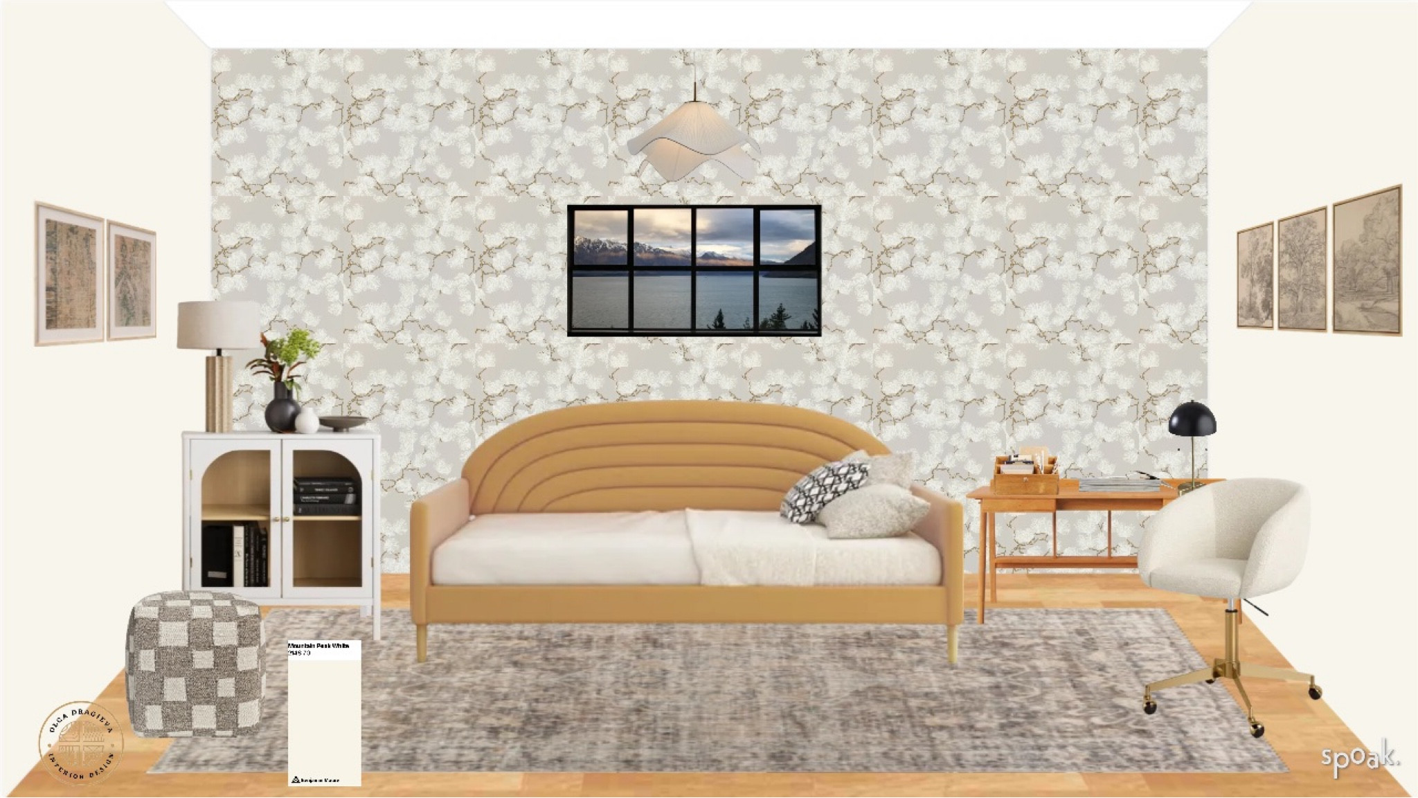 Neutral Home office/guest room moodboard! I love this day bed from Wayfair, office desk and a beautiful office chair. Vintage rug and a gorgeous wallpaper. Beautiful white glass cabinet and a wavy pendant from Crate & Barrel. 

#LTKSeasonal #LTKhome #LTKstyletip