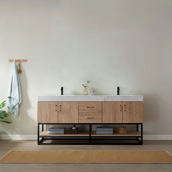 Ramsey 72" Double Vanity In North American Oak With White Grain Stone Countertop Without Mirror | Wayfair North America