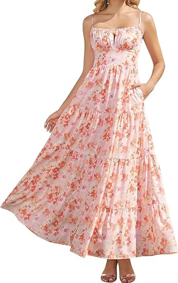 Auraxe Women's Summer Floral Maxi Dress Casual Spaghetti Strap A Line Sundress with Pockets Beach... | Amazon (US)