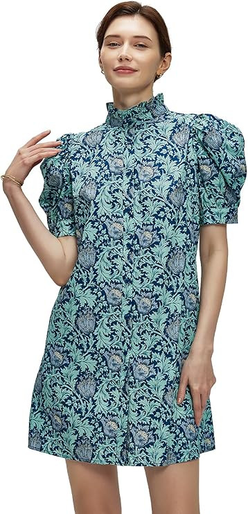 Women Summer Floral Mini Dress Ruffle Neck Puffer Sleeve Boho Beach Shift Dresses | Amazon (US)