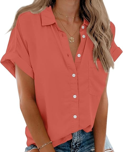 Beautife Womens Short Sleeve Shirts V Neck Collared Button Down Shirt Tops with Pockets | Amazon (US)