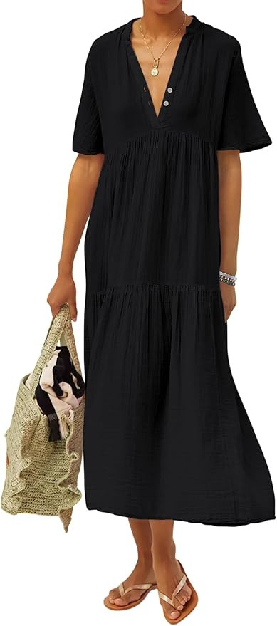 R.Vivimos Womens Summer Cotton Flowy Maxi Dress Short Sleeve V Neck Empire Waist Boho Tiered Ruff... | Amazon (US)