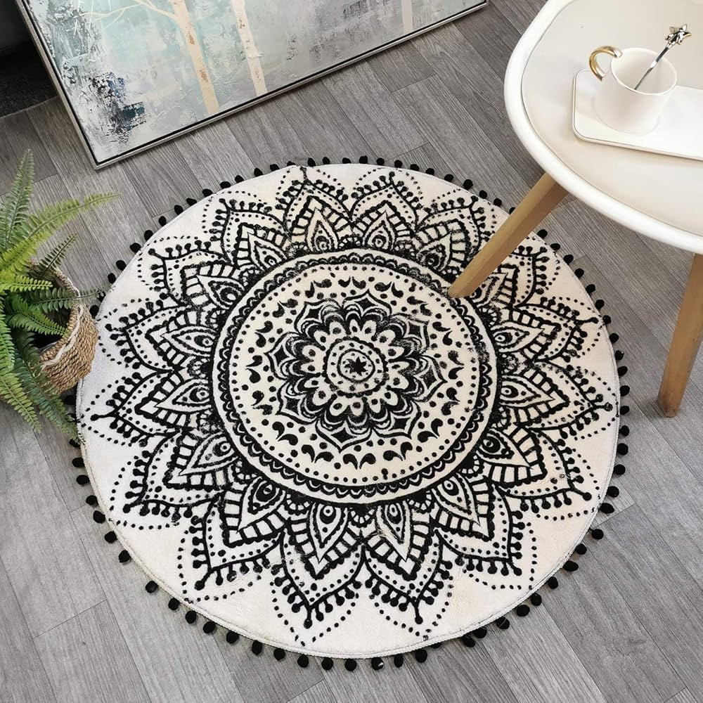 Uphome Boho Round Rug for Bedroom 3' Circle Beige and Black Bathroom Rug with Pom Poms Fringe Was... | Amazon (US)