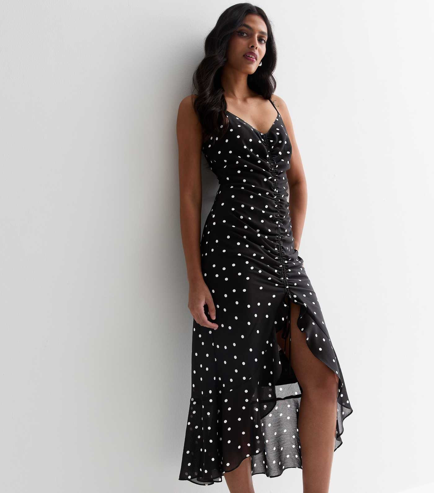 Black Spot Print Strappy Ruched Midi Dress | New Look | New Look (UK)