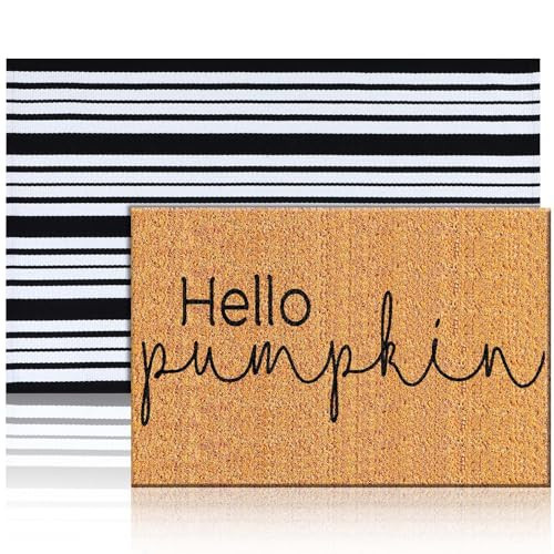 Duraaamo 2 Pcs Hello Pumpkin Coir Doormat Outdoor Fall Welcome Mat Layered Buffalo Plaid Black and White Rug Natural Coir Door Checkered Mat for Fall Front Porch Entryway Decor | Amazon (US)
