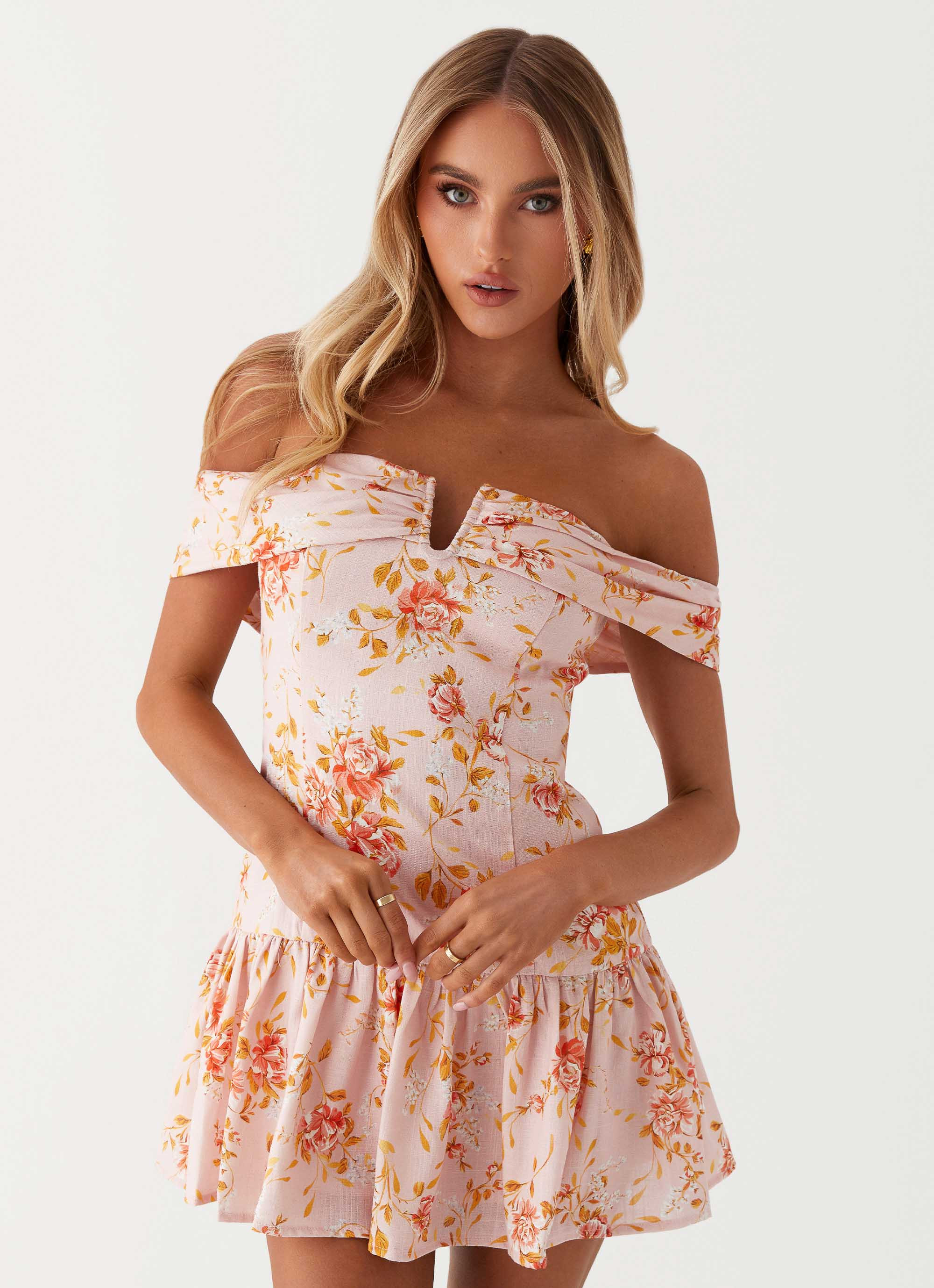 Aries Off Shoulder Linen Mini Dress - Pink Floral | Peppermayo (Global)
