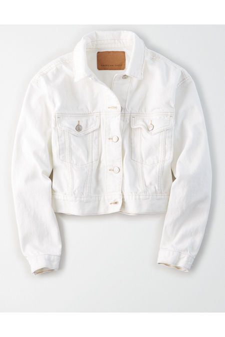 AE Cropped White Denim Jacket Women's White XS | American Eagle Outfitters (US & CA)