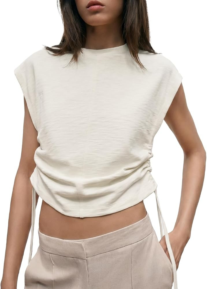 Womens Crew Neck Cap Sleeve Crop Top Side Drawstring Summer T-Shirt | Amazon (US)