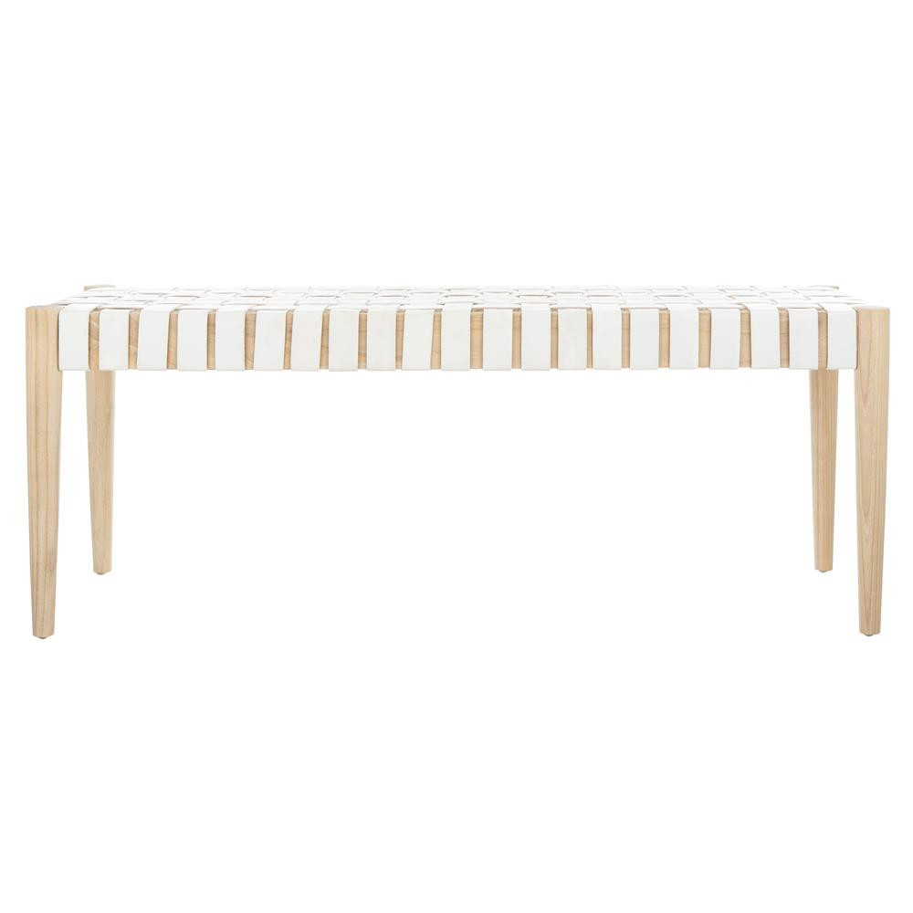 Safavieh Amalia 47 in. Off White Leather/Light Oak Weaved Bench | The Home Depot