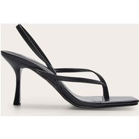 Black Pu Square Toe Thong Sling Back Mid Heeled Sandals, Black | PrettyLittleThing UK